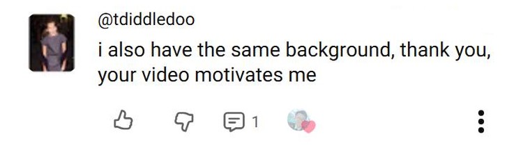 YouTube comment from @tdiddledoo: “i also have the same background, thank you, your video motivates me”