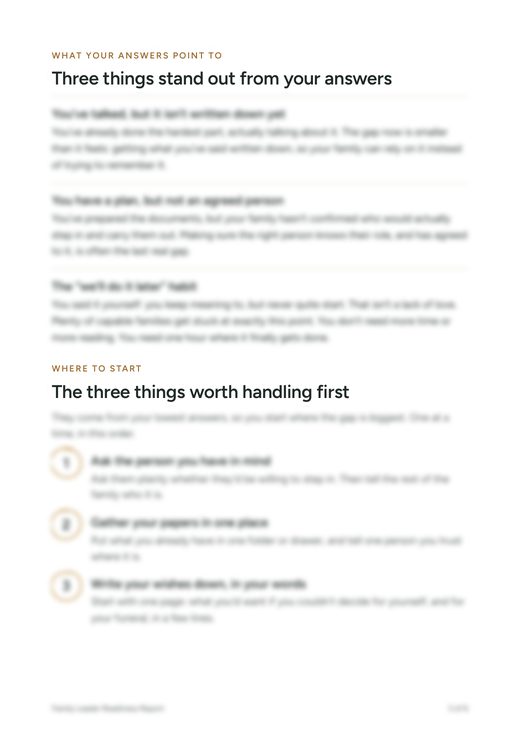 A page from a sample Readiness Report: what the answers point to, and where to start
