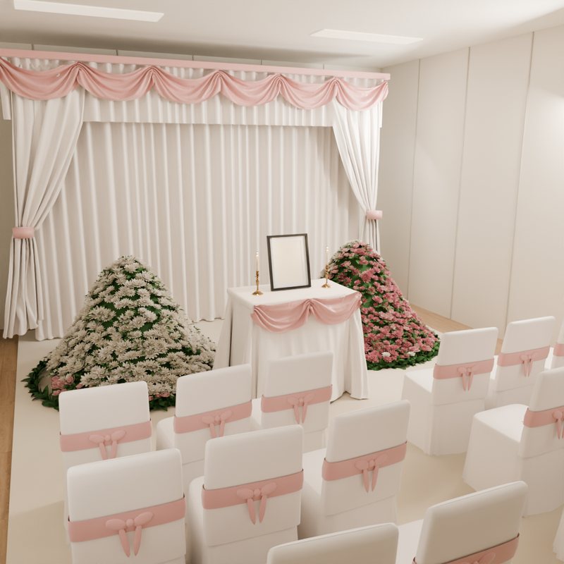The same wish as a 3D sketch: a room with white drapes and rose swags, a framed photo on a table between pink and white flowers, and rows of chairs close together